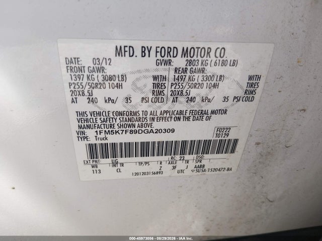 2013 Ford Explorer Limited მანქანა იყიდება აუქციონზე, vin: 1FM5K7F89DGA20309, აუქციონის ნომერი: 45973056