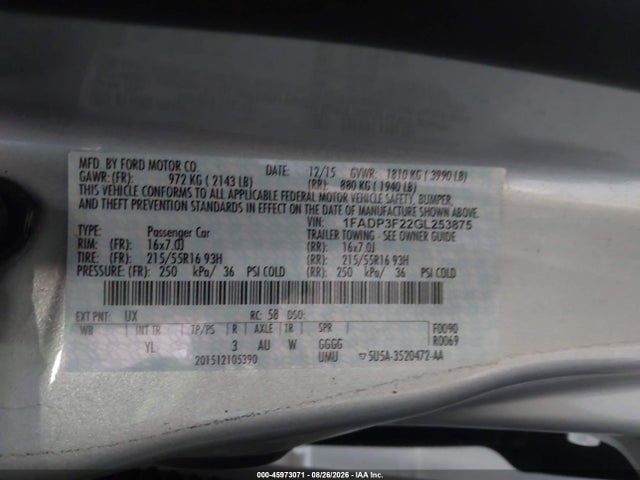 Aukcja sprzedaży 2016 Ford Focus Se, vin: 1FADP3F22GL253875, numer aukcji: 45973071
