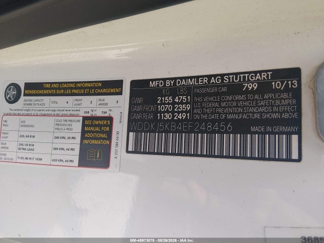 45973078 :رقم المزاد ، WDDKJ5KB4EF248456 vin ، 2014 Mercedes-benz E 350 مزاد بيع