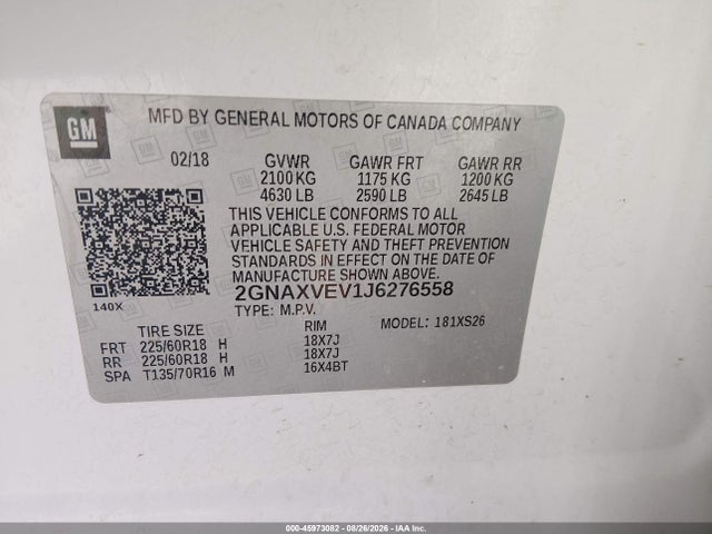 Aukcja sprzedaży 2018 Chevrolet Equinox Premier, vin: 2GNAXVEV1J6276558, numer aukcji: 45973082
