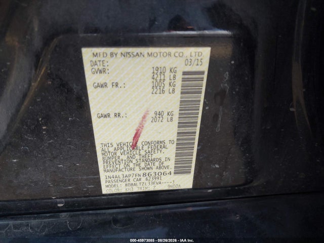 2015 Nissan Altima 2.5 Sl მანქანა იყიდება აუქციონზე, vin: 1N4AL3AP7FN863064, აუქციონის ნომერი: 45973085