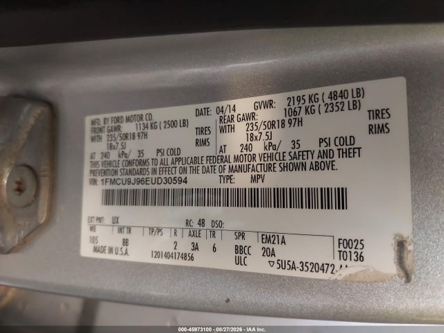 Aukcja sprzedaży 2014 Ford Escape Titanium, vin: 1FMCU9J96EUD30594, numer aukcji: 45973100