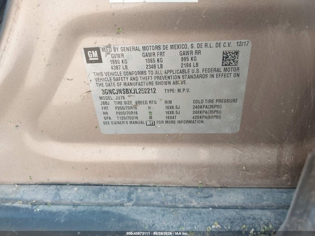 45973111 :رقم المزاد ، 3GNCJNSBXJL252212 vin ، 2018 Chevrolet Trax Ls مزاد بيع