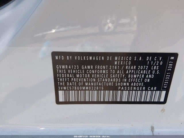 Aukcja sprzedaży 2021 Volkswagen Jetta 1.4t R-line/1.4t Se/s, vin: 3VWC57BU0MM022815, numer aukcji: 45973125