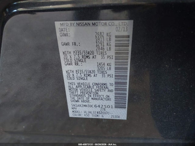 Aukcja sprzedaży 2013 Nissan Pathfinder Platinum, vin: 5N1AR2MN3DC642501, numer aukcji: 45973131