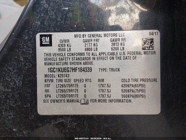 45973141 :رقم المزاد ، 1GC1KUEG7HF184339 vin ، 2017 Chevrolet Silverado 2500hd Wt مزاد بيع