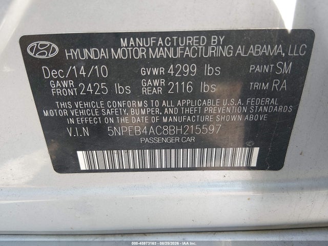 Aukcja sprzedaży 2011 Hyundai Sonata Gls, vin: 5NPEB4AC8BH215597, numer aukcji: 45973163