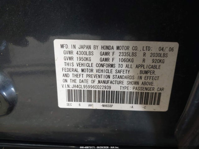 2006 Acura Tsx მანქანა იყიდება აუქციონზე, vin: JH4CL95996C022939, აუქციონის ნომერი: 45973171