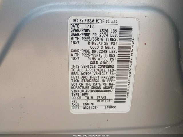 Aukcja sprzedaży 2013 Nissan Rogue Sv W/sl Pkg, vin: JN8AS5MVXDW630097, numer aukcji: 45973180