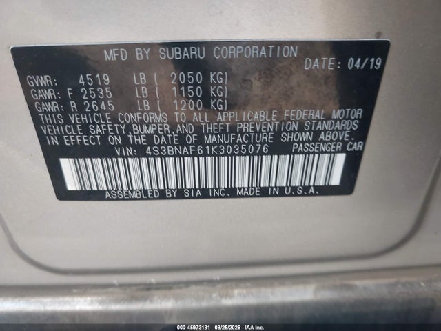 2019 Subaru Legacy 2.5i Premium მანქანა იყიდება აუქციონზე, vin: 4S3BNAF61K3035076, აუქციონის ნომერი: 45973181