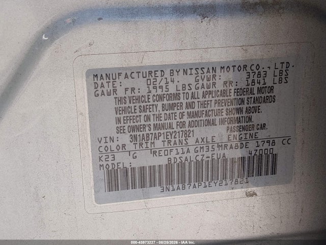 45973227 :رقم المزاد ، 3N1AB7AP1EY217821 vin ، 2014 Nissan Sentra S مزاد بيع