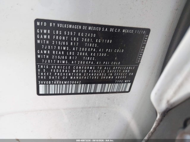 45973230 :رقم المزاد ، 3VV0B7AX8KM038642 vin ، 2019 Volkswagen Tiguan 2.0t S مزاد بيع