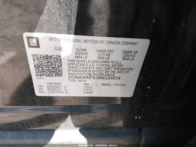 Продаж на аукціоні авто 2021 Chevrolet Equinox Fwd Lt, vin: 2GNAXKEV2M6125019, номер лоту: 45973234