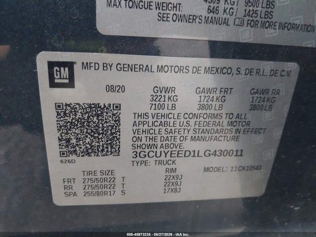 2020 Chevrolet Silverado 1500 4wd  Short Bed Rst მანქანა იყიდება აუქციონზე, vin: 3GCUYEED1LG430011, აუქციონის ნომერი: 45973235