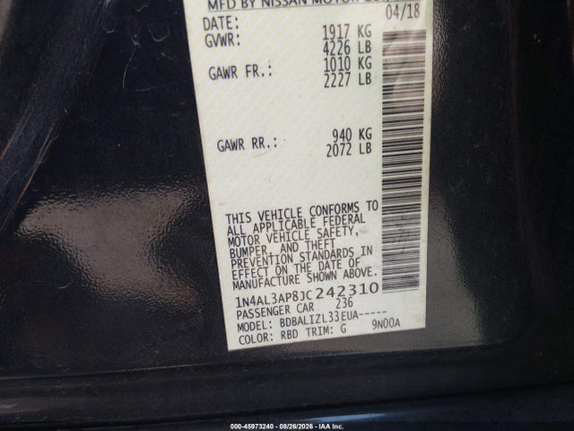 2018 Nissan Altima 2.5 Sv მანქანა იყიდება აუქციონზე, vin: 1N4AL3AP8JC242310, აუქციონის ნომერი: 45973240