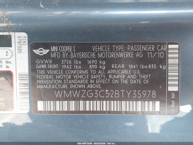 Продажа на аукционе авто 2011 Mini Cooper S Clubman, vin: WMWZG3C52BTY35978, номер лота: 45973249