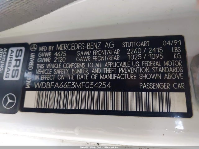 1991 Mercedes-benz 500 Sl მანქანა იყიდება აუქციონზე, vin: WDBFA66E3MF034254, აუქციონის ნომერი: 45973254