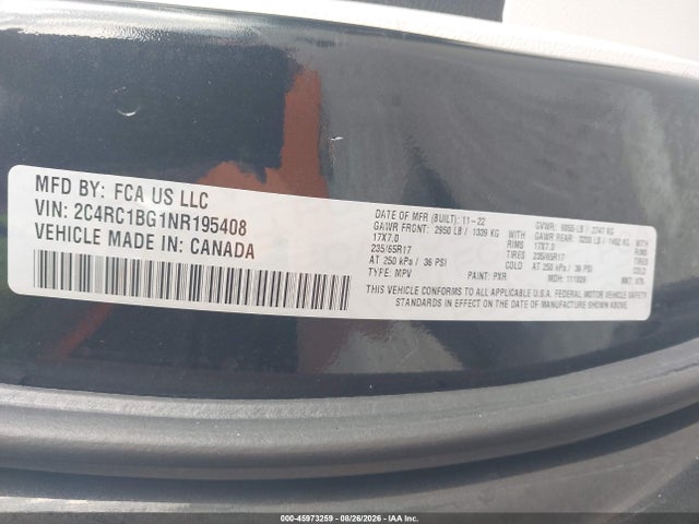 Продажа на аукционе авто 2022 Chrysler Pacifica Touring L, vin: 2C4RC1BG1NR195408, номер лота: 45973259