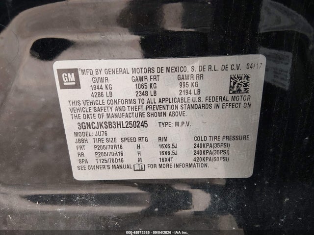 Продажа на аукционе авто 2017 Chevrolet Trax Ls, vin: 3GNCJKSB3HL250245, номер лота: 45973265