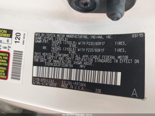 5TDYK3DC0FS598194 Toyota Sienna Xle 8 Passenger