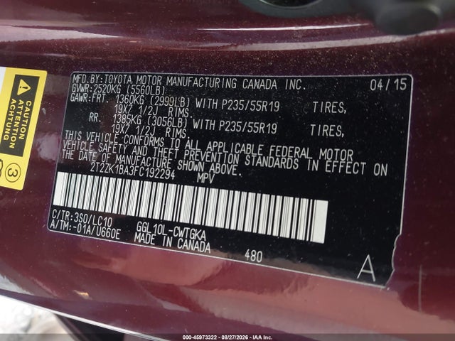 45973322 :رقم المزاد ، 2T2ZK1BA3FC192294 vin ، 2015 Lexus Rx 350 مزاد بيع
