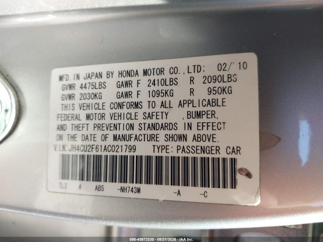 Продаж на аукціоні авто 2010 Acura Tsx 2.4, vin: JH4CU2F61AC021799, номер лоту: 45973330