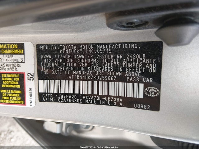 45973338 :رقم المزاد ، 4T1B11HK7KU259867 vin ، 2019 Toyota Camry Se مزاد بيع