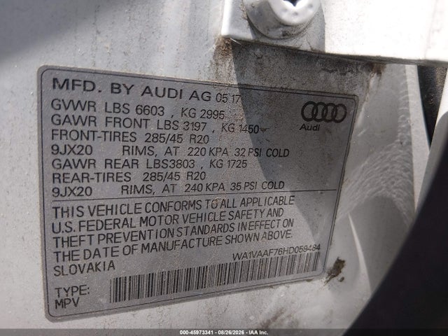 Продаж на аукціоні авто 2017 Audi Q7 3.0t Premium, vin: WA1VAAF76HD059484, номер лоту: 45973341