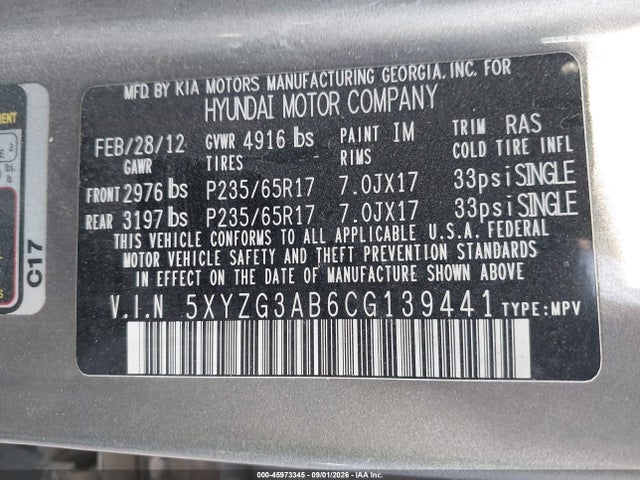 45973345 :رقم المزاد ، 5XYZG3AB6CG139441 vin ، 2012 Hyundai Santa Fe Gls مزاد بيع