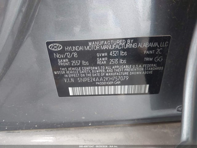 Aukcja sprzedaży 2019 Hyundai Sonata Eco, vin: 5NPE24AA2KH757079, numer aukcji: 45973347