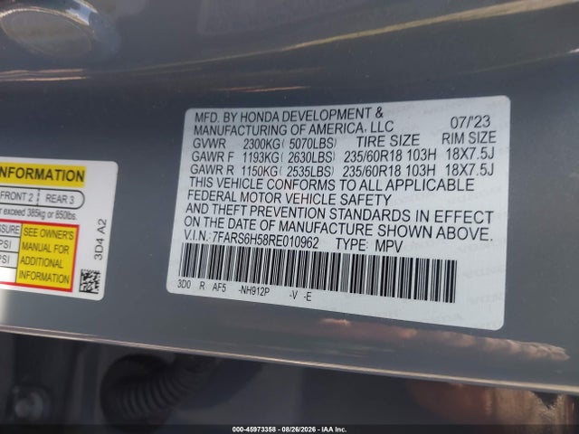 2024 Honda Cr-v Hybrid Sport მანქანა იყიდება აუქციონზე, vin: 7FARS6H58RE010962, აუქციონის ნომერი: 45973358