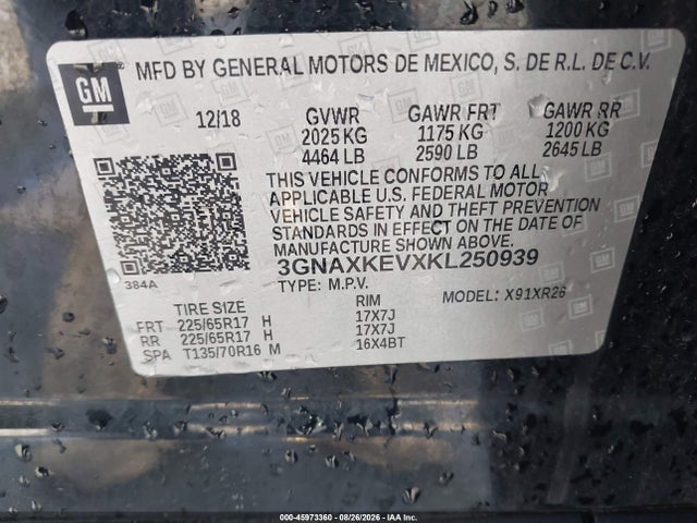 Auction sale of the 2019 Chevrolet Equinox Lt, vin: 3GNAXKEVXKL250939, lot number: 45973360