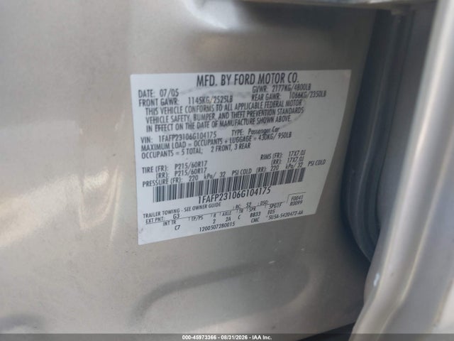 2006 Ford Five Hundred Se მანქანა იყიდება აუქციონზე, vin: 1FAFP23106G104175, აუქციონის ნომერი: 45973366