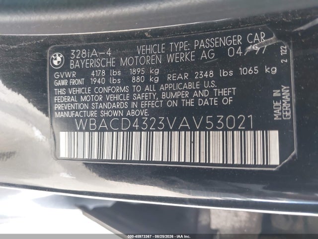 45973367 :رقم المزاد ، WBACD4323VAV53021 vin ، 1997 Bmw 328i مزاد بيع