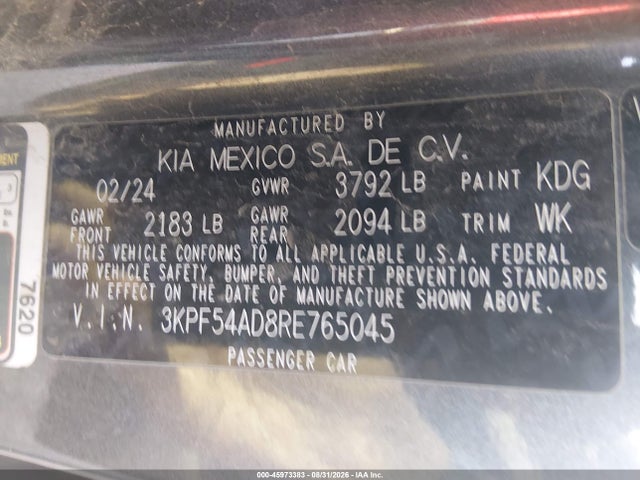 Aukcja sprzedaży 2024 Kia Forte Gt-line, vin: 3KPF54AD8RE765045, numer aukcji: 45973383
