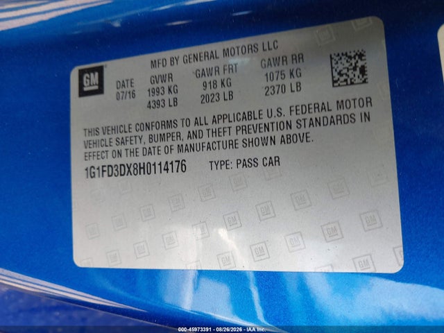 Aukcja sprzedaży 2017 Chevrolet Camaro 2lt, vin: 1G1FD3DX8H0114176, numer aukcji: 45973391