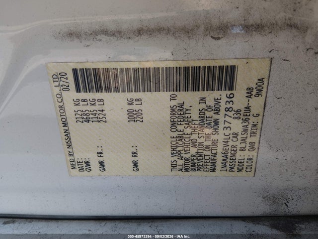 45973394 :رقم المزاد ، 1N4AA6EV4LC377836 vin ، 2020 Nissan Maxima Sr Xtronic Cvt مزاد بيع