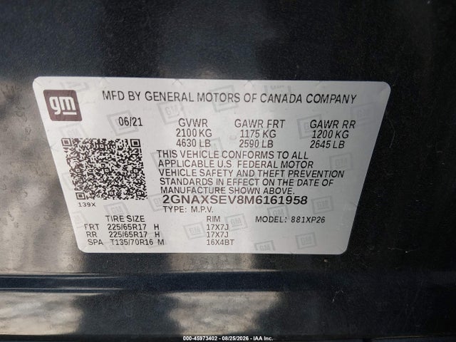 45973402 :رقم المزاد ، 2GNAXSEV8M6161958 vin ، 2021 Chevrolet Equinox Awd Ls مزاد بيع