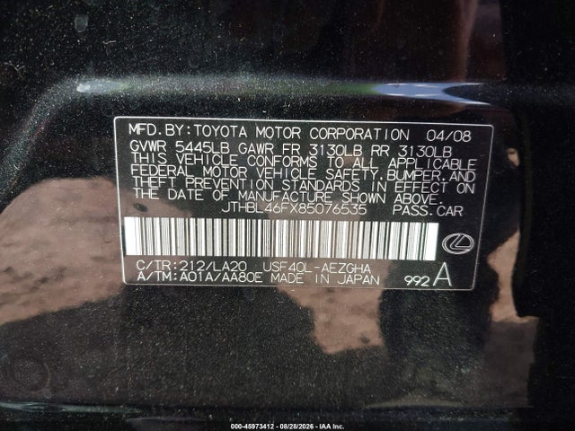 45973412 :رقم المزاد ، JTHBL46FX85076535 vin ، 2008 Lexus Ls 460 مزاد بيع