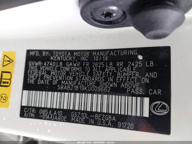 45973418 :رقم المزاد ، 58ABZ1B19KU009662 vin ، 2019 Lexus Es 350 مزاد بيع