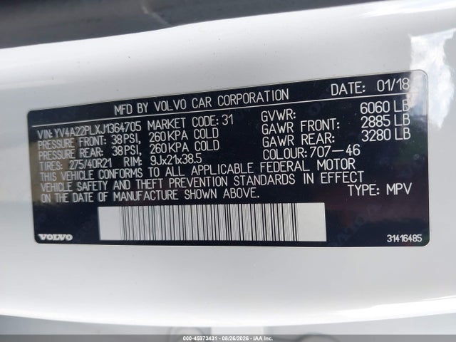 Продажа на аукционе авто 2018 Volvo Xc90 T6 Inscription, vin: YV4A22PLXJ1364705, номер лота: 45973431