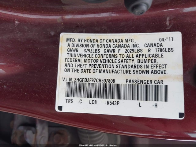 Продажа на аукционе авто 2012 Honda Civic Ex-l, vin: 2HGFB2F97CH507808, номер лота: 45973449