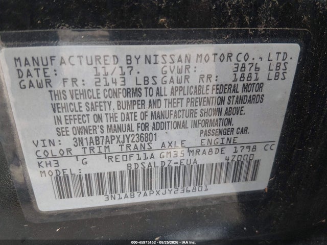 2018 Nissan Sentra Sv მანქანა იყიდება აუქციონზე, vin: 3N1AB7APXJY236801, აუქციონის ნომერი: 45973452
