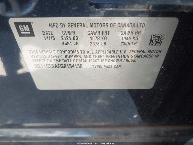 45973488 :رقم المزاد ، 2G1105SA6G9134138 vin ، 2016 Chevrolet Impala 1lt مزاد بيع