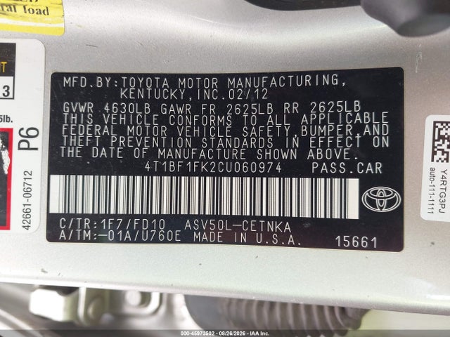 45973502 :رقم المزاد ، 4T1BF1FK2CU060974 vin ، 2012 Toyota Camry Le مزاد بيع
