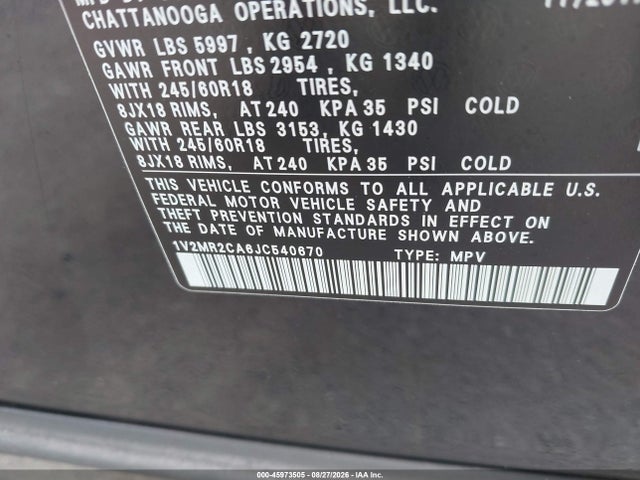 2018 Volkswagen Atlas 3.6l V6 Sel მანქანა იყიდება აუქციონზე, vin: 1V2MR2CA6JC540670, აუქციონის ნომერი: 45973505