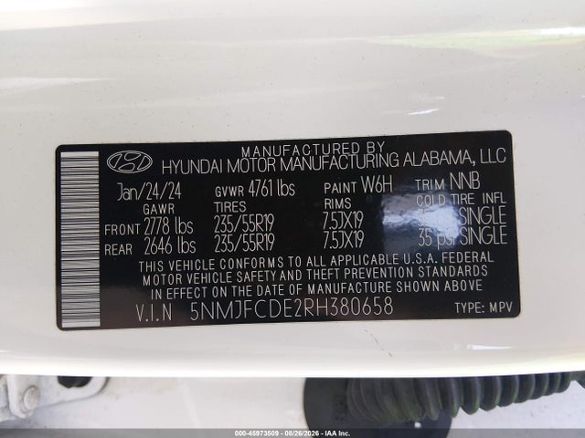 Продажа на аукционе авто 2024 Hyundai Tucson Sel, vin: 5NMJFCDE2RH380658, номер лота: 45973509