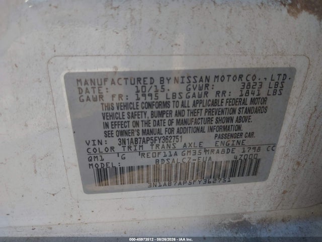 45973512 :رقم المزاد ، 3N1AB7AP5FY362751 vin ، 2015 Nissan Sentra S مزاد بيع
