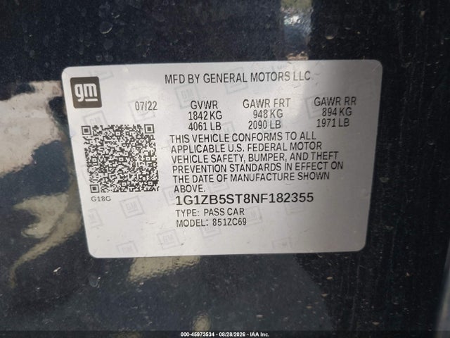 45973534 :رقم المزاد ، 1G1ZB5ST8NF182355 vin ، 2022 Chevrolet Malibu Fwd Ls مزاد بيع