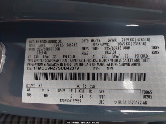 45973539 :رقم المزاد ، 1FMCU9NZ7SUB42379 vin ، 2025 Ford Escape St-line Select مزاد بيع